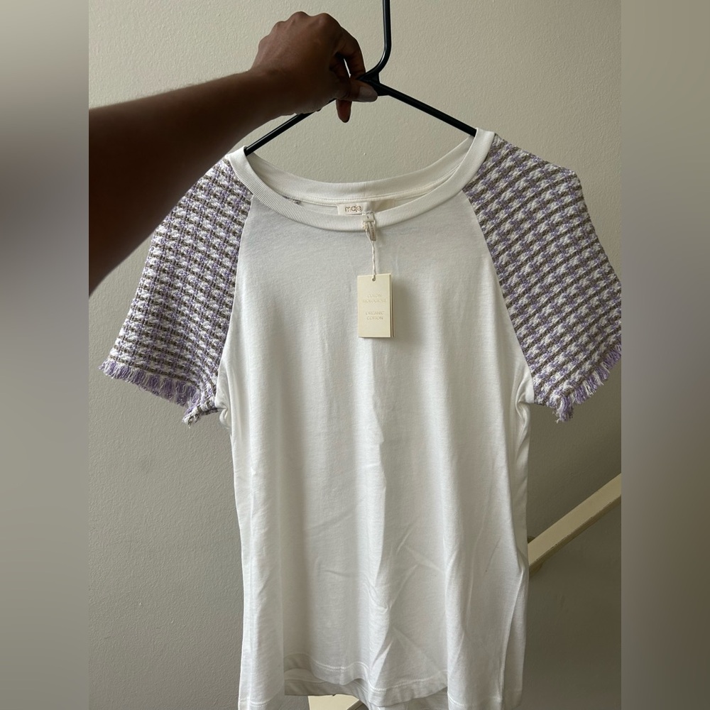 Maje Ecru Parme Tweed Sleeves Women's White and Purple Top - NWT - Size 1